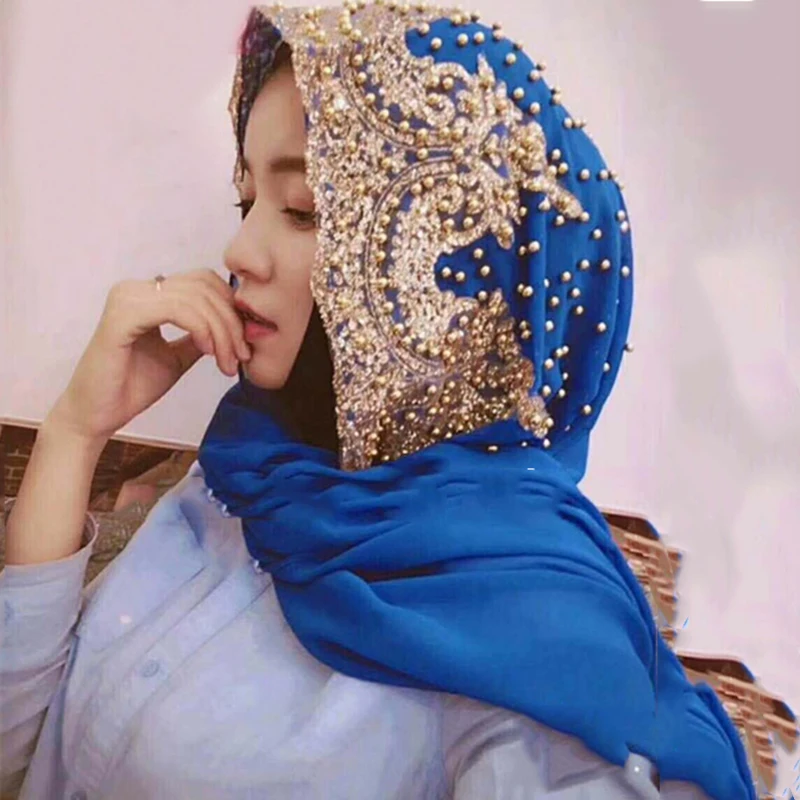 Hijabs Muslim Islamic Scarf Scarves for Woman Long Underscarf Moslima Headwraps with Bead Chiffon Prayer Turbante