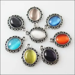 16Pcs Mixed Retro Tibetan Silver Stone Oval Charms Pendants 13.5x18mm
