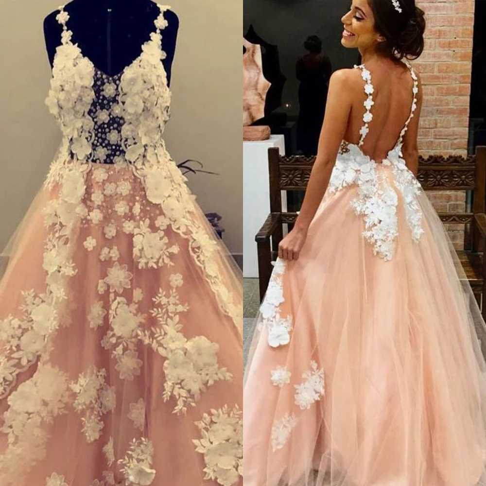 Pink Prom Dresses with Flowers Tulle Lace Appliques Backless Sexy Long Evening Dresses 2019