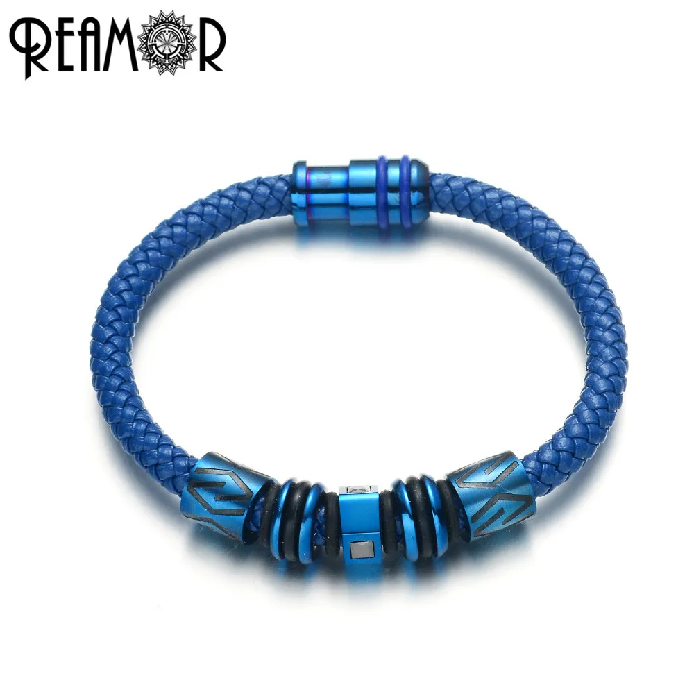 

REAMOR Trendy Men Cuff Bangles Jewelry Blue Leather Braided Bracelet 316l Stainless Steel Beads Magnetic Clasp Bracelets Gift