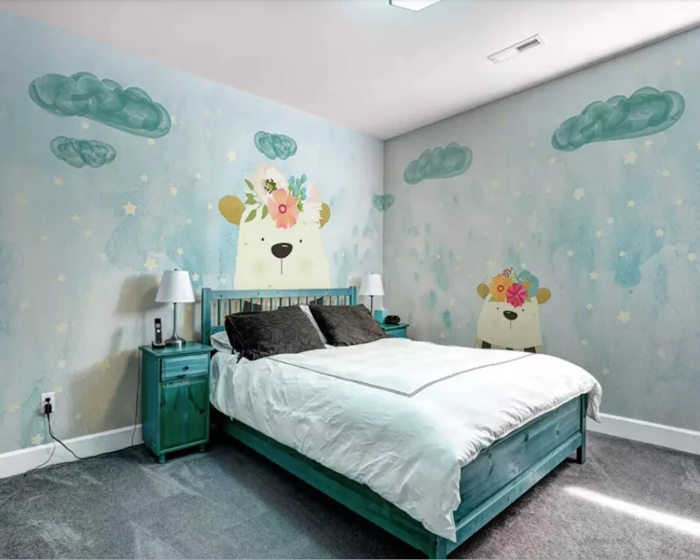 

Nordic modern contracted hand-painted cute bear children's room custom whole house background wall