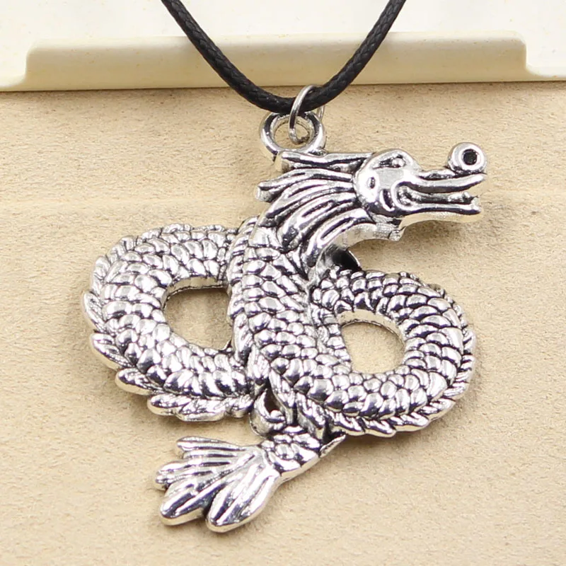 New Fashion Tibetan Silver Color Pendant Loong Dragon Necklace Choker Charm Black Leather Cord Factory Price Handmade Jewelry