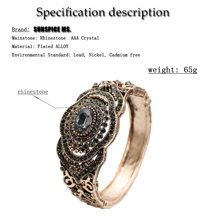 SUNSPICE MS Turkish Gray Crystal Bangles For Women Antique Gold Color Flower Cuff Bracelet Bohemia Ethnic Charm Wrist Jewelry
