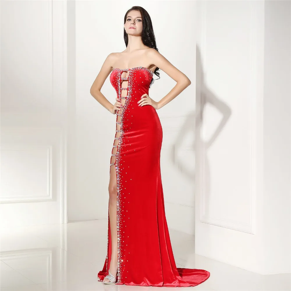 JaneVini-Vestidos de Noche formales sexys, sirena, madre de la novia, sin tirantes, cristal, lateral, abertura, Espalda descubierta, terciopelo, rojo árabe