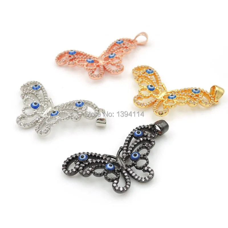 

34*20*3mm Micro Pave Clear CZ Piercing Butterfly Charm With Enamelling 4 Blue Eyes Fit For Women As Necklaces Accessory