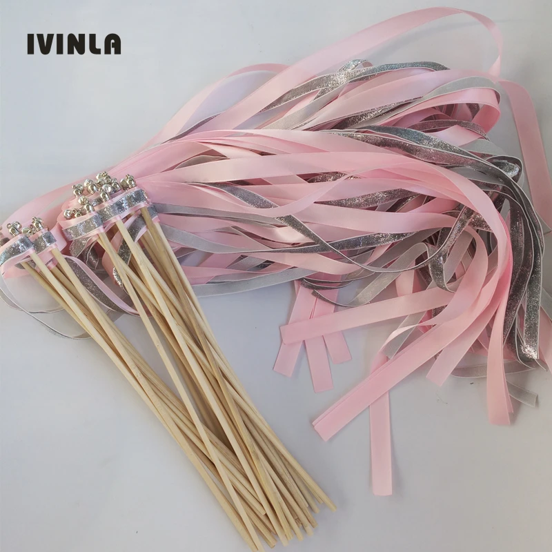 New Arrived sliver glitter ribbon wands wedding stick with gold bell for wedding party decoration