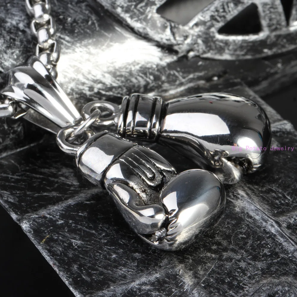New 2pcs/set Silver Color 316L Stainless Steel Shinny Boxing Glove Pendant Necklace Free Rope Chain Cool Men\'s Jewelry