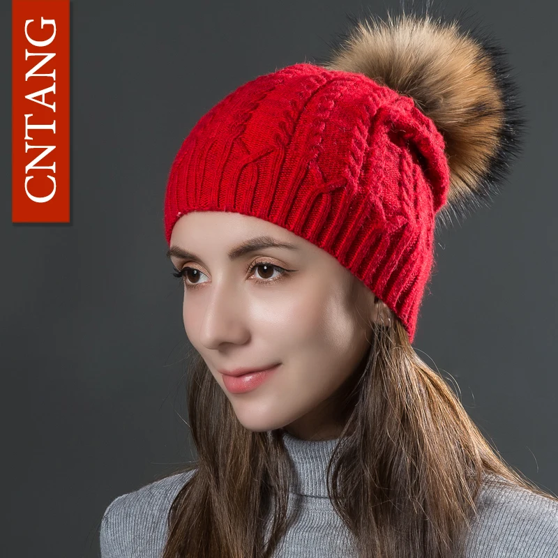 CNTANG Autumn Winter Women\'s Rabbit Fur Knitted Twist Hats Fashion Warm Caps With Natural Fur Pompom Female Hat Skullies Beanies