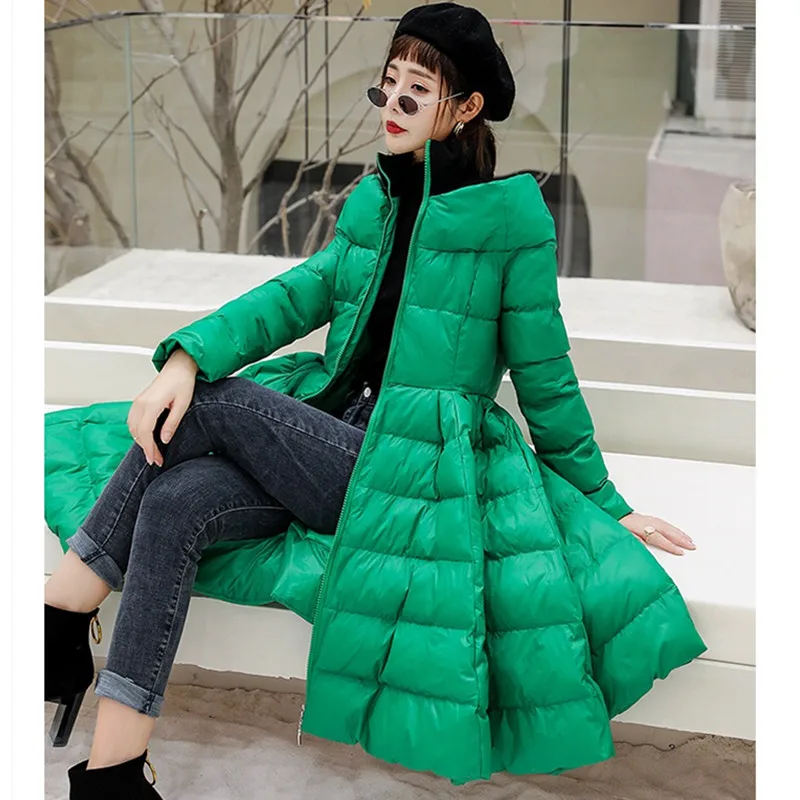 UHYTGF New Winter Skirt Style Down Jacket Coat Women's One Word Collar Slim Fluffy Down Cotton Luxury Long Cloak Warm Jacket 983