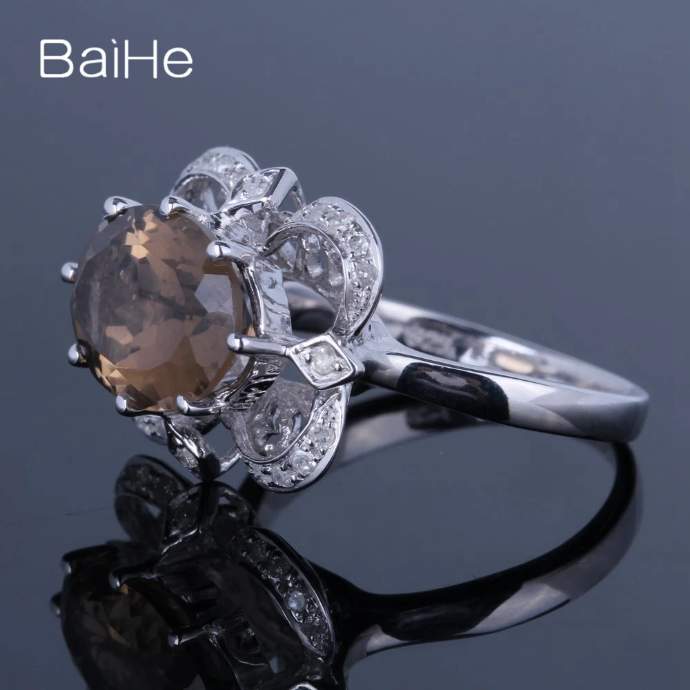 BAIHE Solid 10K White Gold 4.2ct Oval SMOKEY QUARTZ TOPAZ Ring for Women Trendy Gift sweet Ring кольца кольцо real Gold