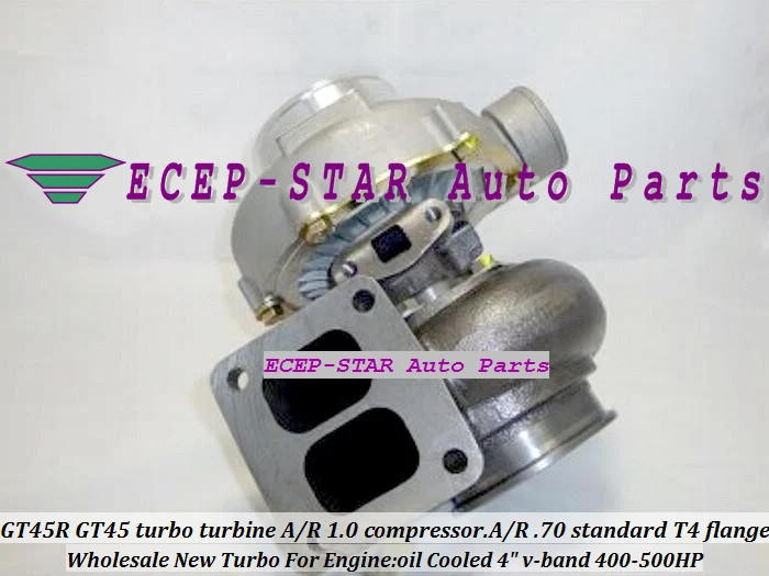 GT45R GT45R-2 Turbo Turbocharger turbine. A/R 1.0 compressor. A/R .70 standard T4 flange oil Cooled 4