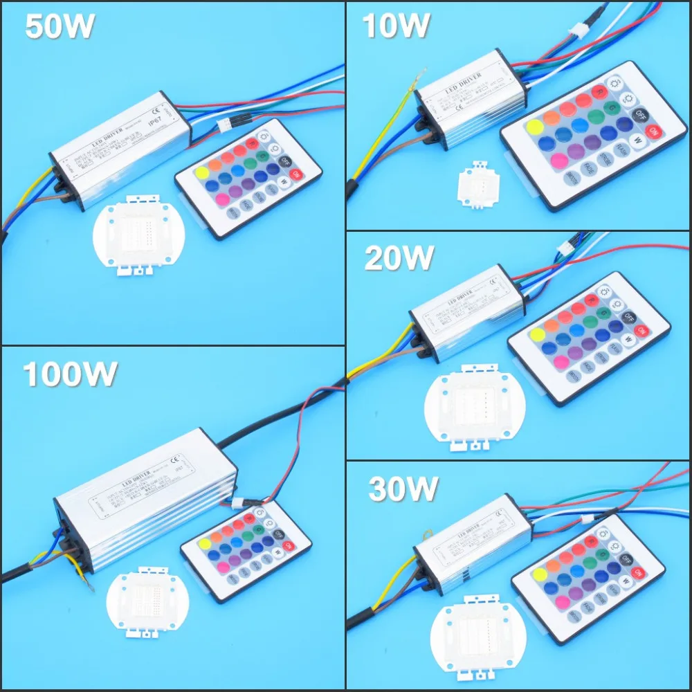 

1 Set High Power 10W 20W 30W 50W 100W RGB LED Bulb Chip COB SMD LED Light with RGB LED Driver and 24 Key Remote For DIY