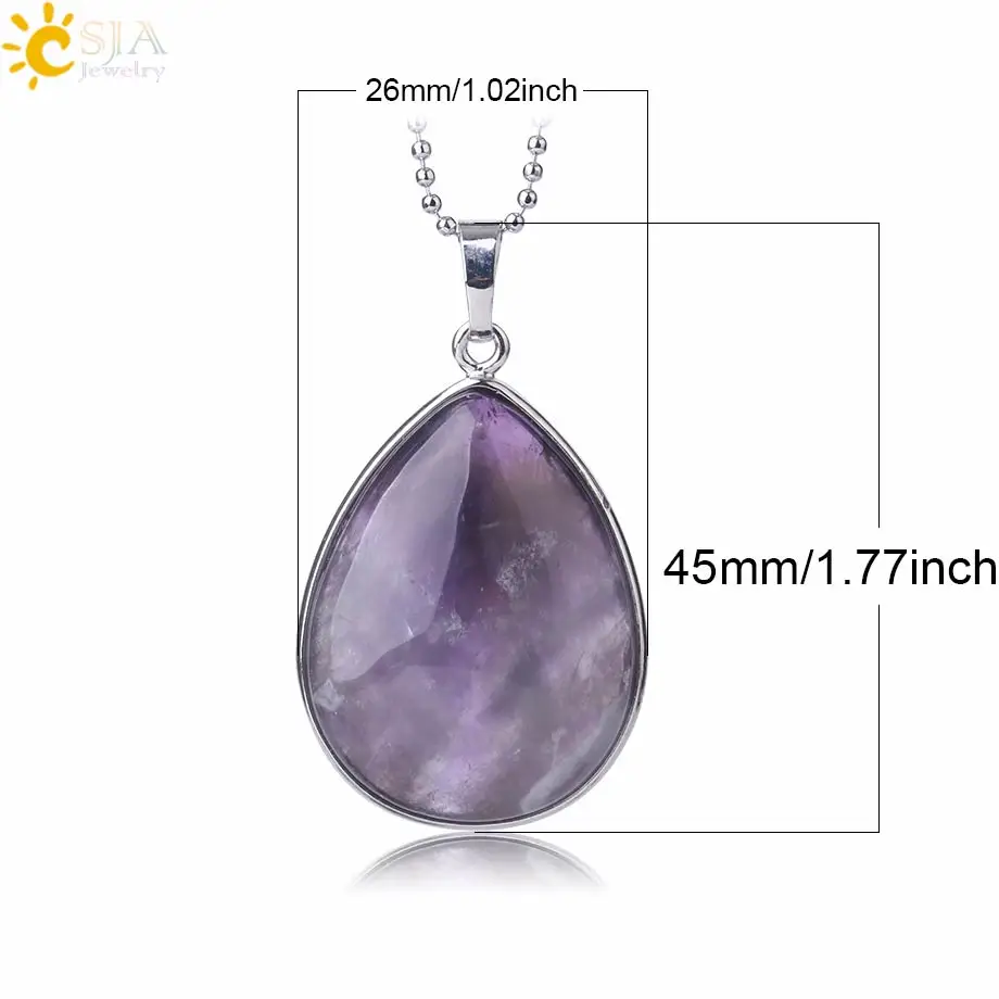 CSJA Natural Stone Pendants  Tiger Eye Pink Quartz Purple Crystal Lapis Necklace Water Drop Flat Bead Women Healing Jewelry F982