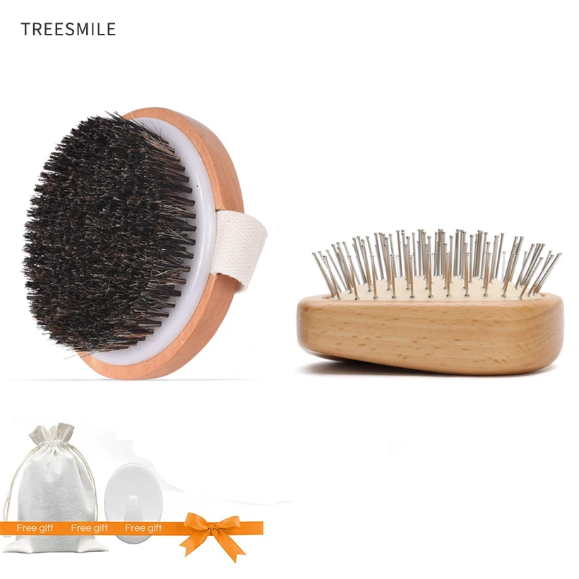 

TREESMILE Dry Brushing Body Brush, Exfoliating Back Bath Brush for Shower with 100% Natural Boar Bristle Brush Head Brush D30