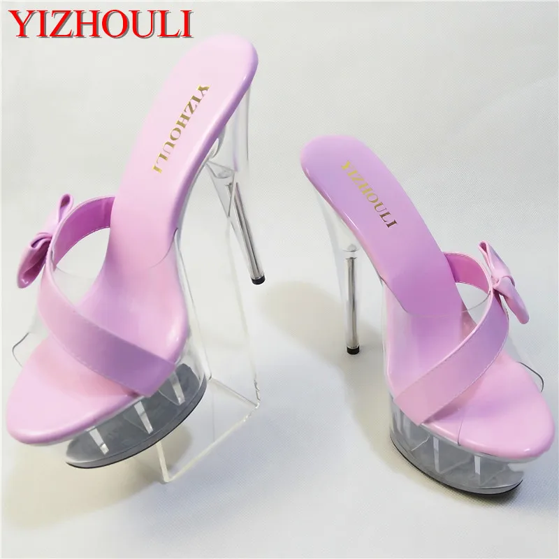 The bowknot adorns transparent fashionable sandals in summer wear high heels, pink crystal shoes, new high heels 15cm