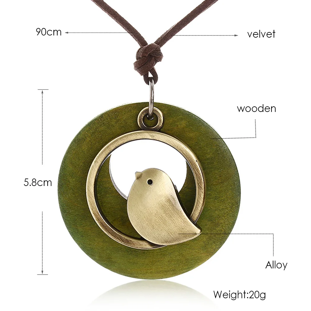 Vintage Wooden Bird Pendant Necklaces Boho Ethnic Style Metal Hollow Necklaces Retro Long Sweater Chain Rope Jewelry for Women