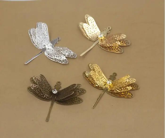 36*29mm copper 10pcs Filigree Dragonfly Pendant Silver Gold Etched Sheet Diy Pendant Charms for Necklace Jewelry findings Making