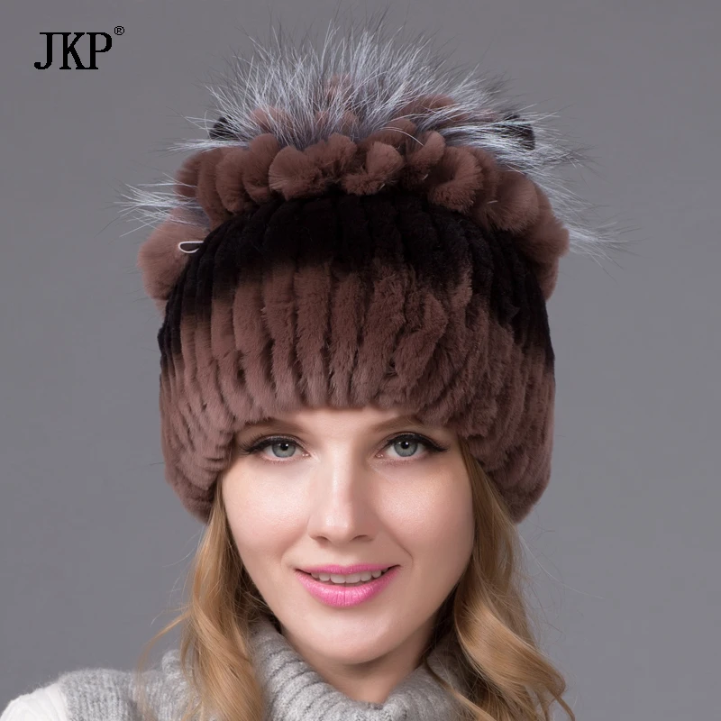 Fashion Women Winter  Natural Real Rex Rabbit Fur Hat Feather Fox Knitted Hedging Cap Female 2024 New Shelves THY-10