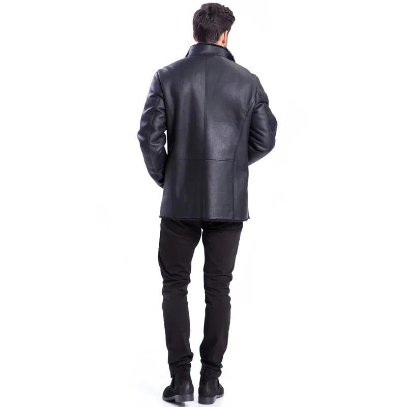 Mens New Style Leather Shearling Jacket Warm Exposed Shearling Notched Collar Black Business Casual Coat Leather