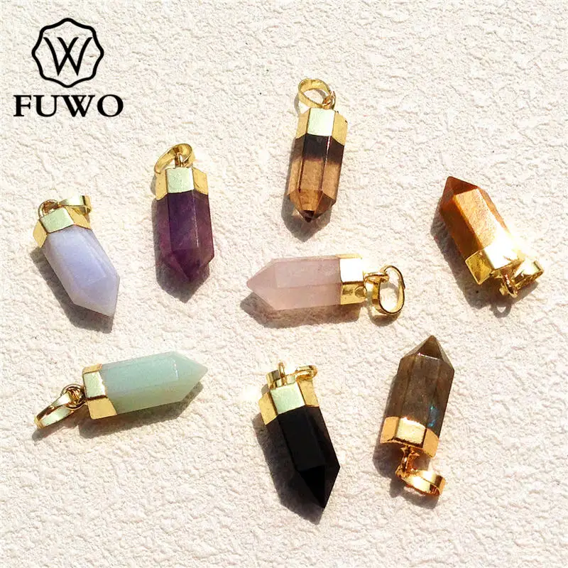 

FUWO Wholesale Lovely Natural Crystal Point Pendant,Golden Plated Bullet Shape Quartz Accessories For Jewelry Making 5Pcs PD125