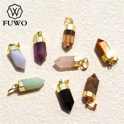 Fuwo-美しい天然クリスタルペンペンダント、金メッキ、弾丸形状、ジュエリー作り用クォーツアクセサリー、5個、pd125、卸売