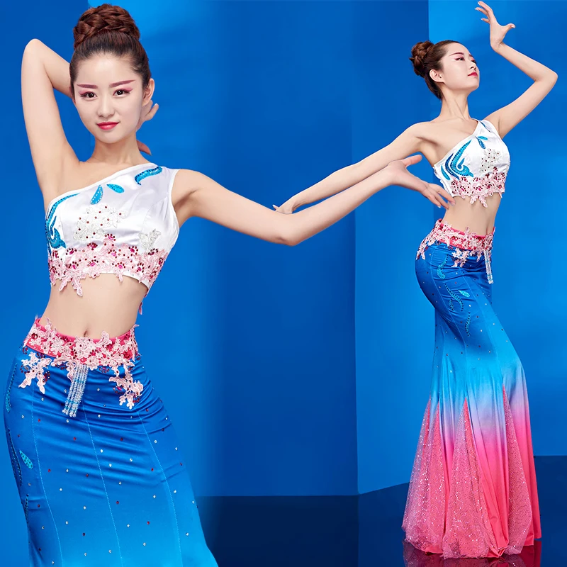 Dance costume female adult new slim skirt Yunnan ethnic style peacock dance art test gradient fishtail skirt