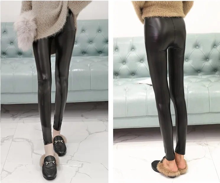 Leather Leggings Winter Fleece Lined Legging Fit High Stretchy Solid Good Elastic Slim Trousers Women OUC1705 Aidayou