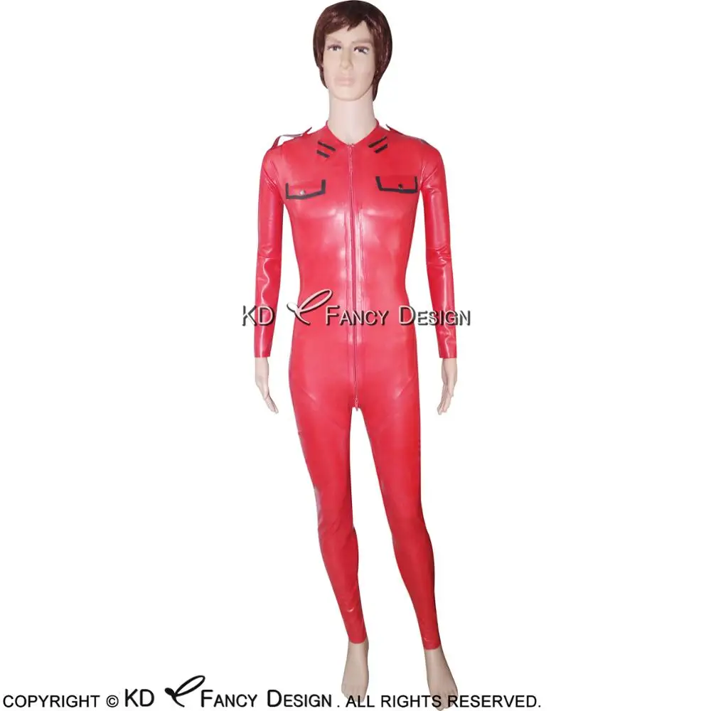 Red And Black Military Sexy Latex Catsuit With Pocket Flaps Rubber Bodysuit Overall Zentai Body Suit Plus Size LTY-0017