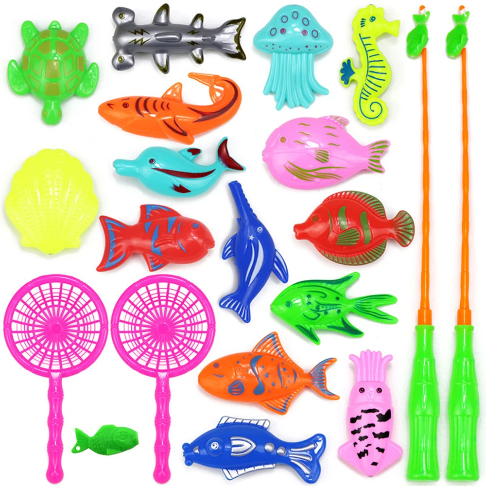 Juego de juguetes de pesca magnéticos para niños, caña de pescar con imán de red de piscina inflable, juguetes clásicos divertidos para niños, regalo para niños, 18-52 piezas