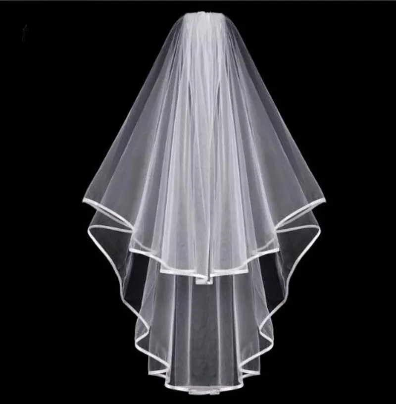 Simple Tulle White Ivory Two Layers Wedding Veils Ribbon Edge Comb Cheap Wedding Accessories Short Bridal Veil