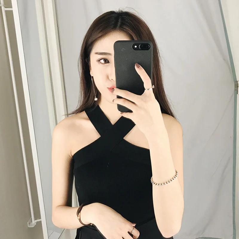 Women Top Summer Off Shoulder Sleeveless Solid Elastic Knitted Tank Top Slim Casual Sexy Vest Blouse