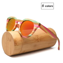 Round Wood Bamboo Sunglasses Polarized Lens Iridescence Sun Glass UV400 with Case