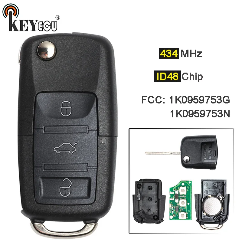 

KEYECU 434MHz ID48 Chip 1K0 959 753 G / 1K0 959 753 N Flip 3 Button Remote Key Fob for Volkswagen, for Skoda, for Seat