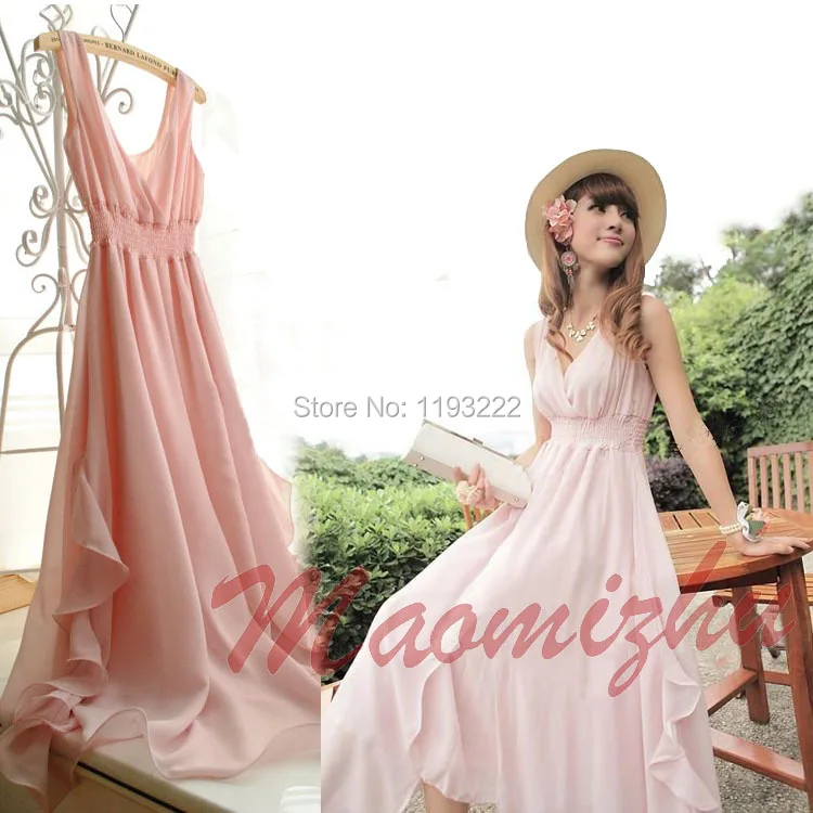 11 Colors Summer Vintage Big Hem Ruffles Deep V Neck Empire Waist Dress Long Beach Chiffon Sleeveless Dresses