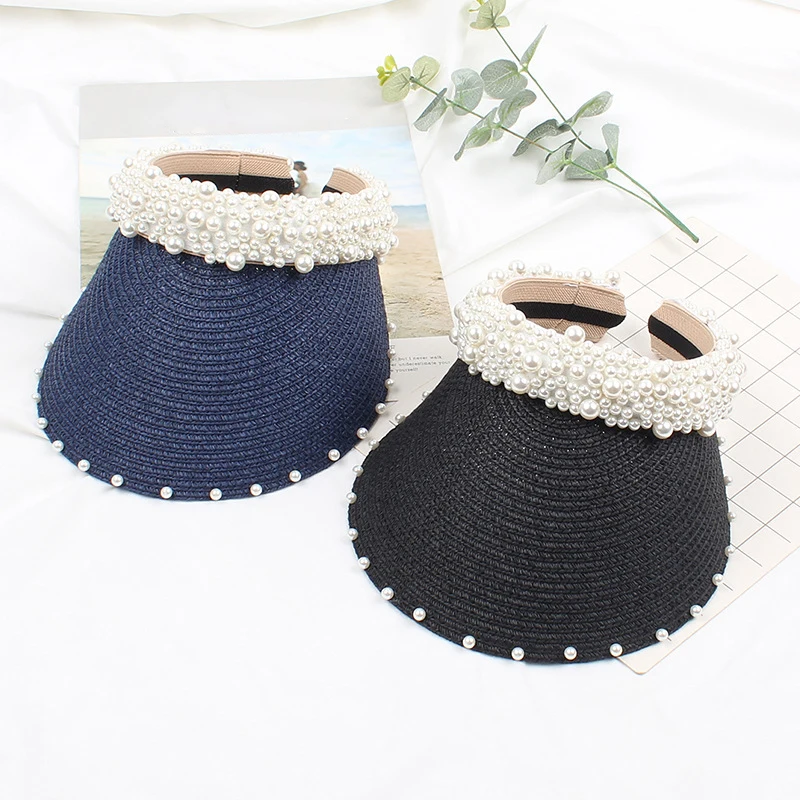 2019new Summer Fashion Women Handmade Sewing Pearl Headband Hat Raffia Visor Cap For Fashion Girls Beach Hat Lady Straw Sun Hat