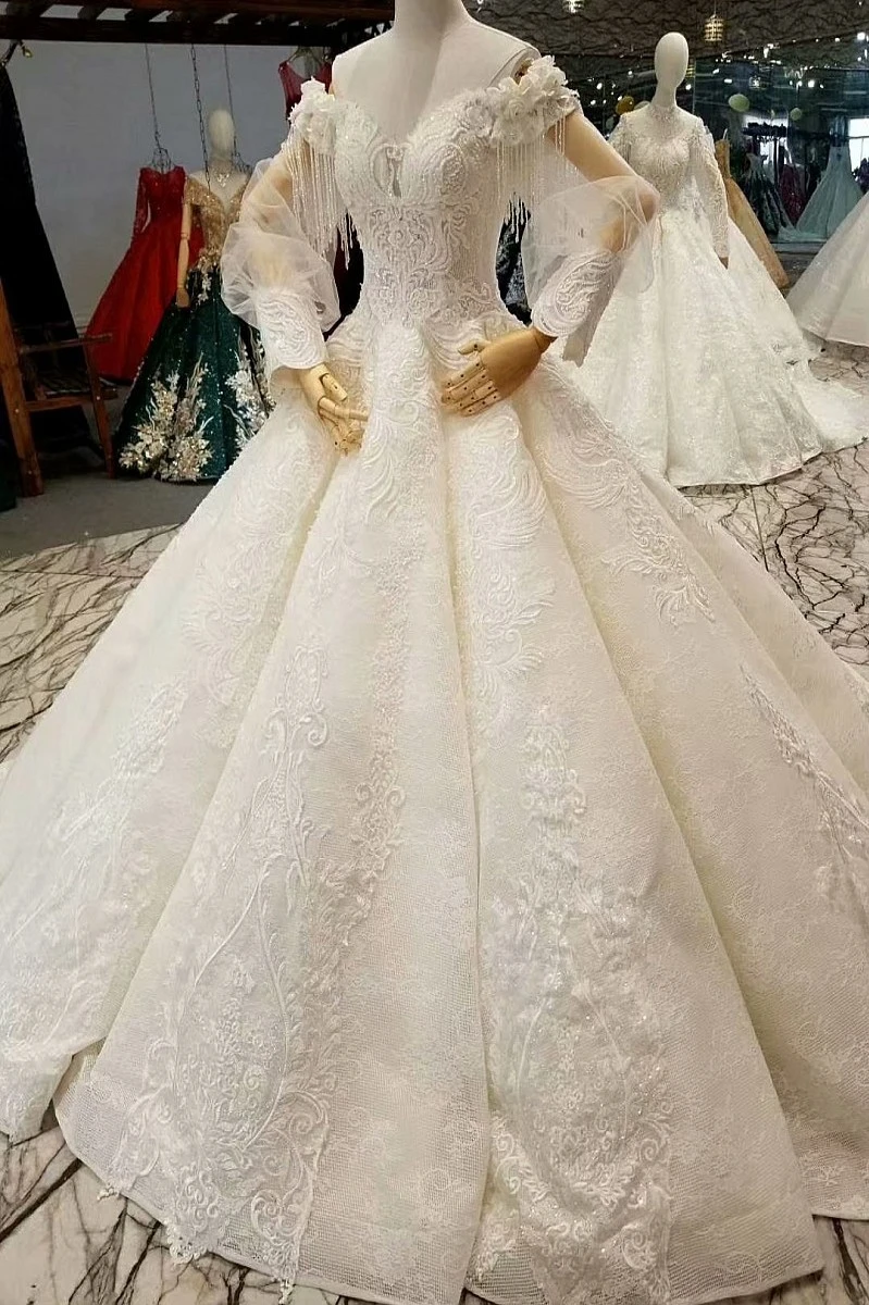 Robe de mariee foto reale vestido de noiva scollo a V pizzo cristallo maniche lunghe abiti da sposa Vintage 2021 QUEEN BRIDAL WD73