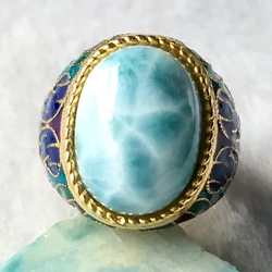 Natural larimar silver ring, oval 12mm*16mm, rare blue larimar stone, fashion and popular for parties