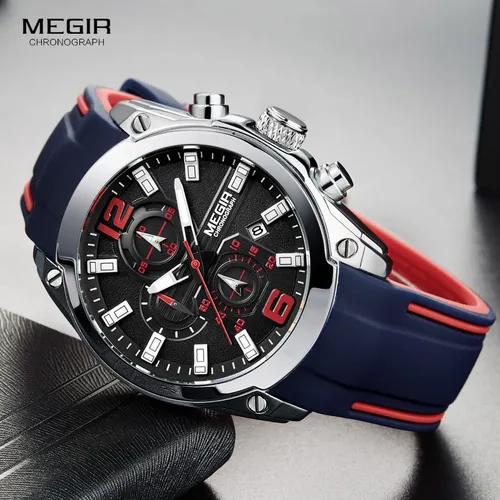 Imagen 1 del producto Megir Reloj cronógrafo analógico de cuarzo para hombre con fecha, manecillas luminosas, reloj de pulsera con correa de caucho de silicona resistente al agua para hombre