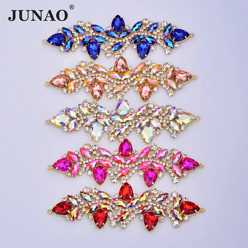 JUNAO 4.5x14 cm Rosa Rosso Blu AB Catena di Cristallo Strass Connettore Fiore di Vetro Strass Applique per Bikini Reggiseno Strap Trim FAI DA TE