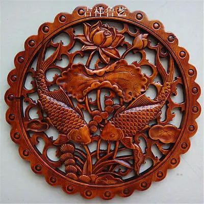 

CHINESE HAND CARVED FLOWER FISH STATUE CAMPHOR WOOD PLATE WALL SCULPTURE Wood carving handicraft home wall decoration