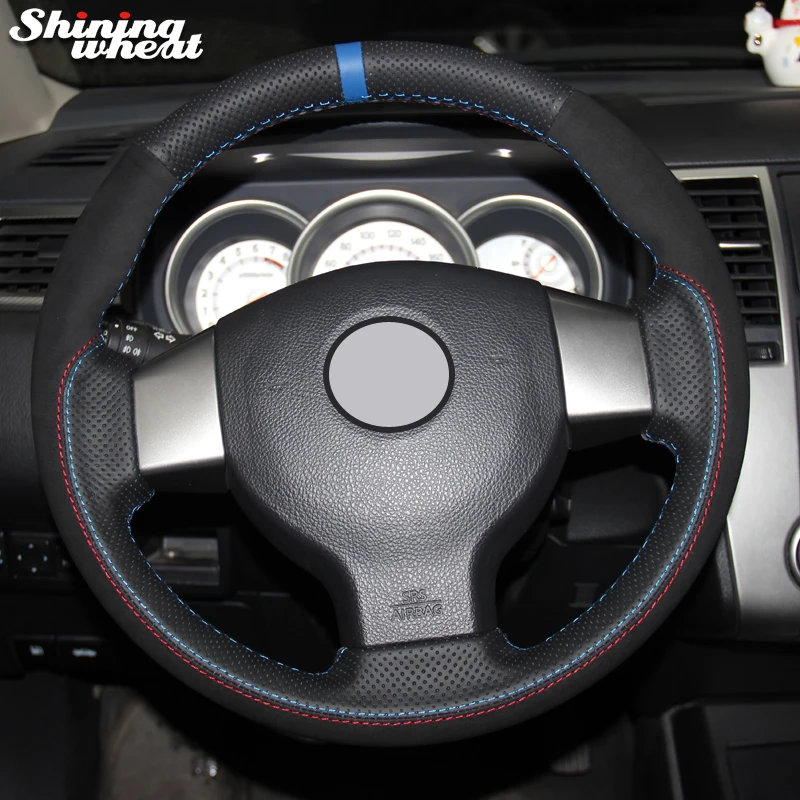 Shining wheat Black Suede Black Genuine Leather Blue Marker Car Steering Wheel Cover for Old Nissan Tiida Livina Sylphy Note