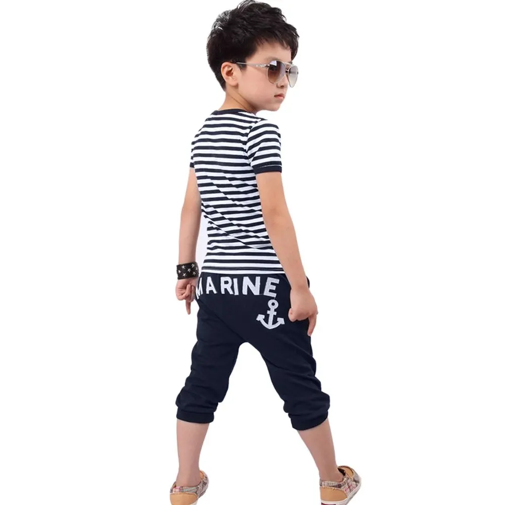 Kids Clothing Set Casual Boys Clothing Pants+Tops Navy Stripe Boat Anchor Pattern Children Tracksuit Summer Boys Clothes Suits