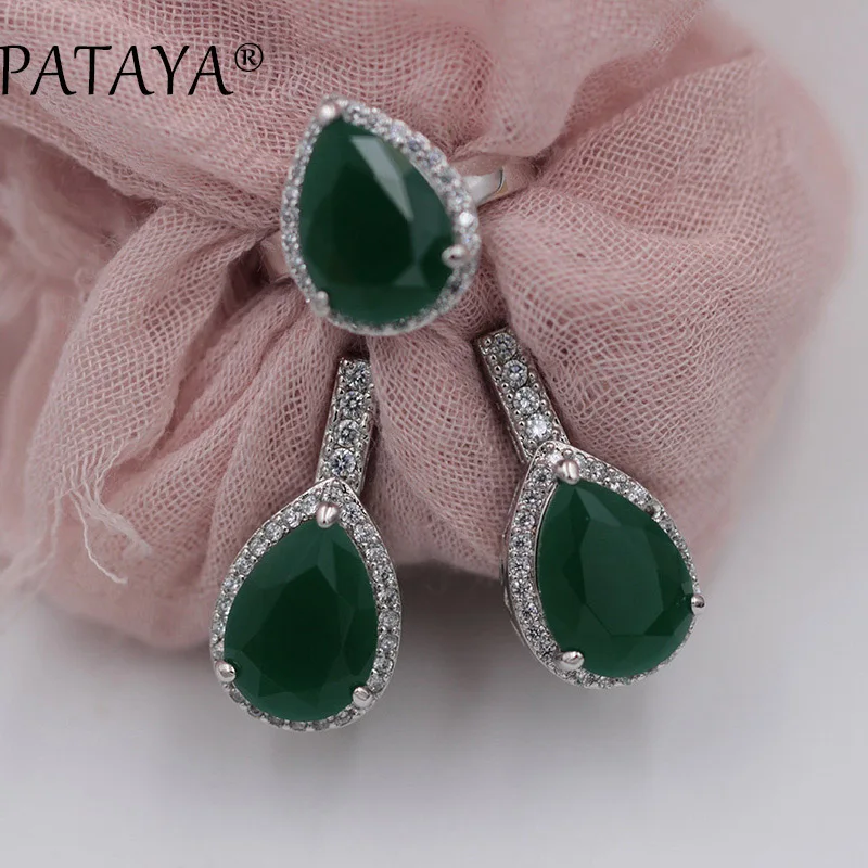 

PATAYA New True White Gold Color Jewelry Green Water Drop Natural Zirconia Earrings Ring Set Women Romantic Wedding Fine Jewelry