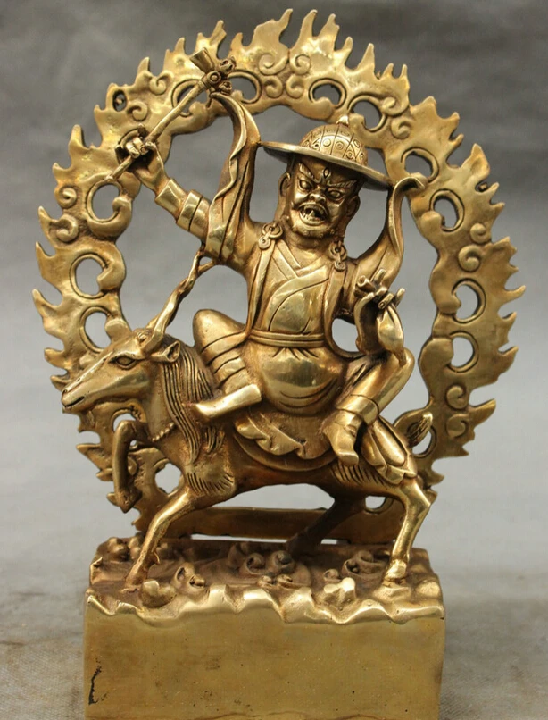 

9"Tibet Brass Buddhism Wealth King Vajra Deity Buddha Statue Jambhala Ride Sheep