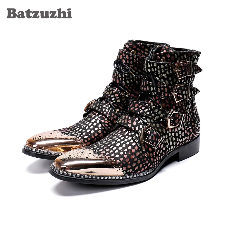 

Batzuzhi Luxury Men Boots Gold Metal Tip Buckles Multi Leather Dress Boots for Men Party, Runway and Wedding botas hombre