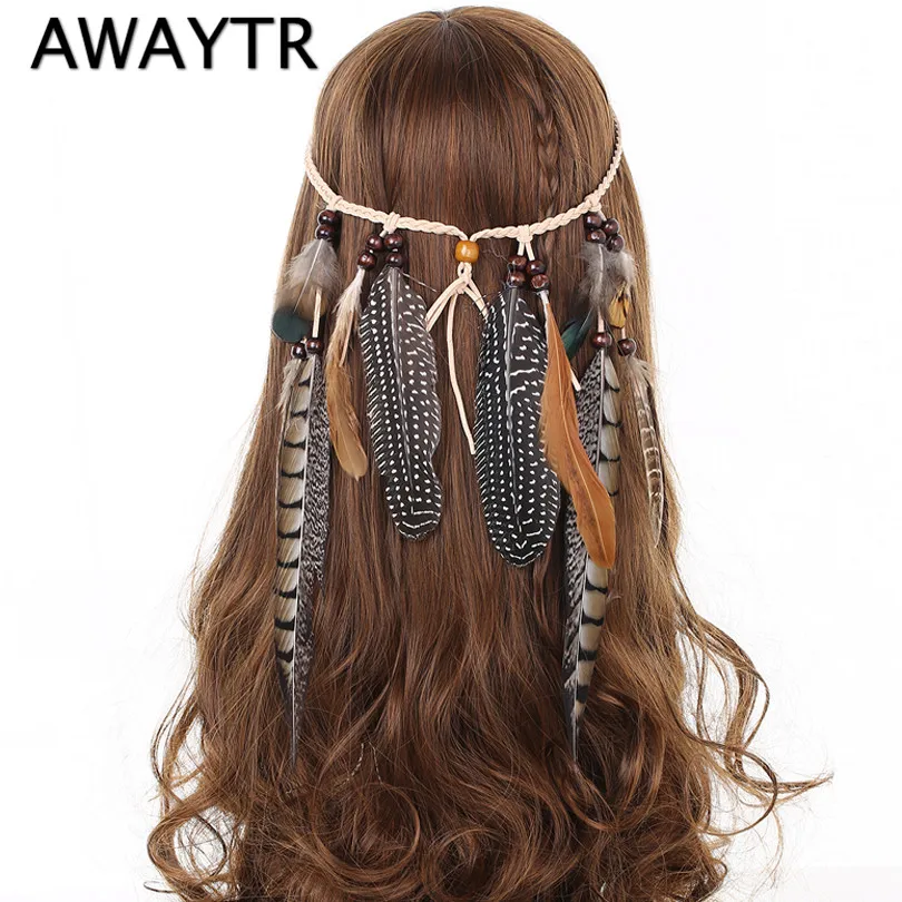 Feather Headband AWAYTR Hair Accessories 2021Festival Women Hippie Adjustable Headdress Boho Peacock Feather Hair Band