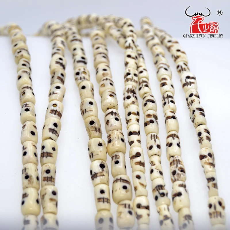 20PCS Handmade Carved Tibet Yak Bone Beads, Skull Antique Beads for Halloween Jewelry Making, White,6x12mm,7x12mm  Hole: 2mm