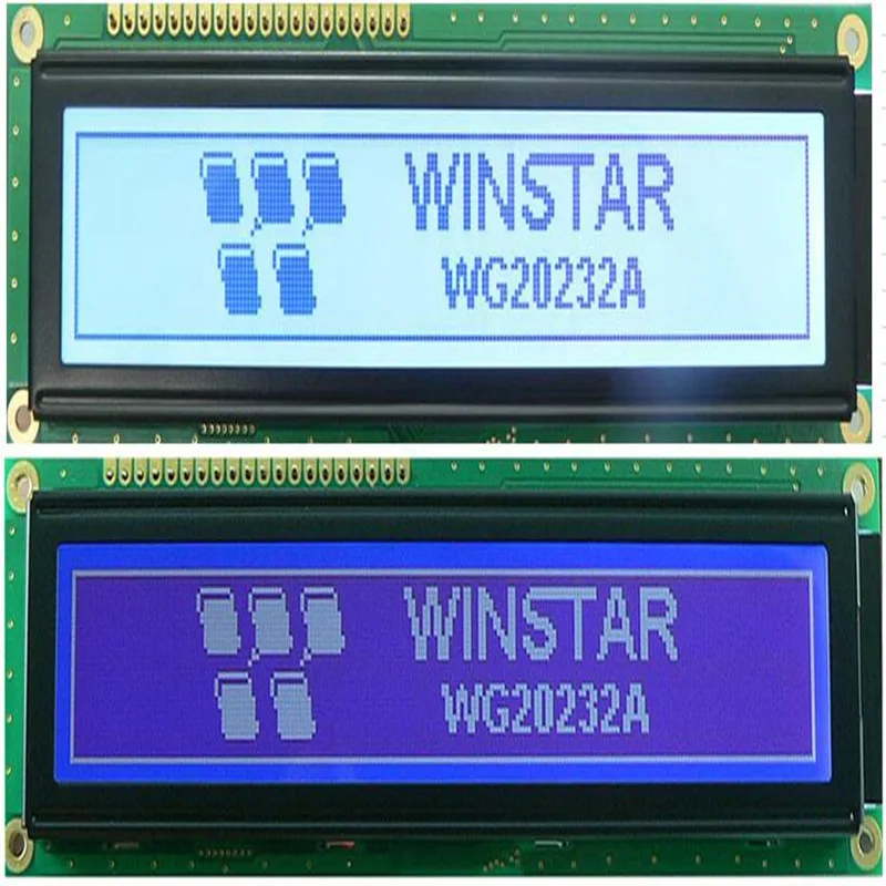 WG20232A WINSTAR is a 202x32 monochrome graphic display which is having the module dimension 146x43 mm  screen blue backlight