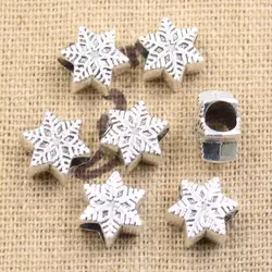 20pcs 11x9x6mm Snow Snowflake 4.5mm Big Hole Bead Charm Fits Antique Silver Color Charm Bracelets Wholesale DIY Making fit