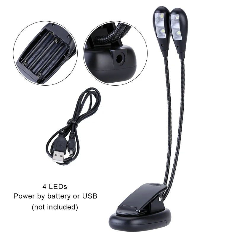 

Dual Flexible Double Flex Goosenecks 4 LEDs Piano Music Stand Book Lights Reading Lamp Clip-on Table Desk Lamp USB/AAA Operated